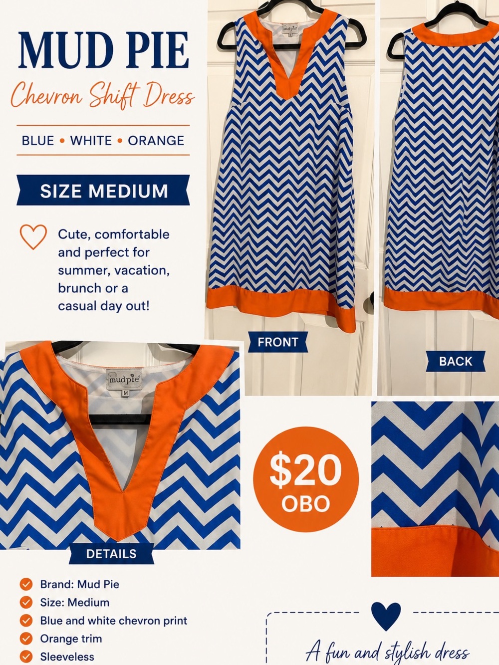 Mud Pie Blue & White Chevron Shift Dress with Orange Trim Accents